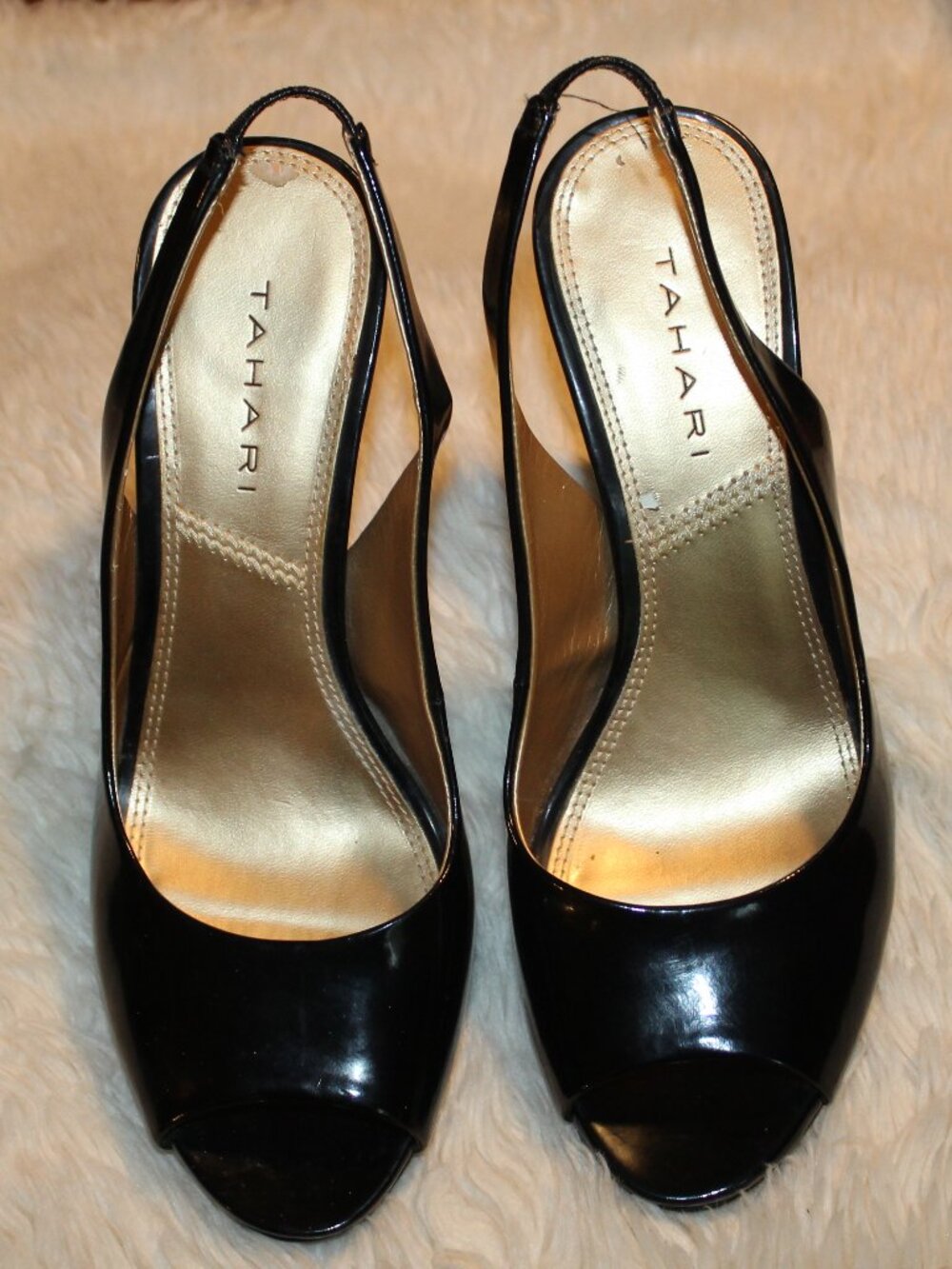 Tahari "Si Senor" Peep Toe Slingback Heels, Patent Leather Black sz 7 M